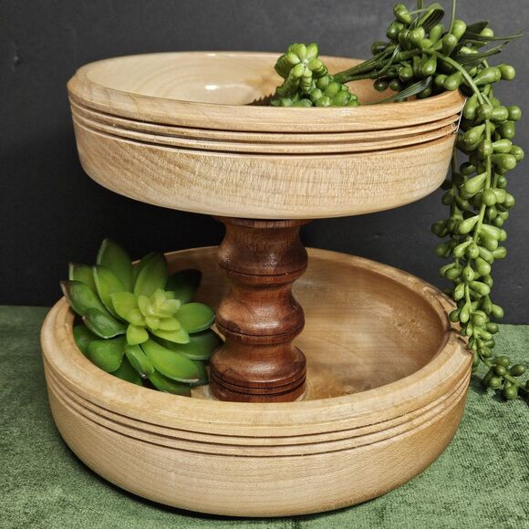 Vtg Turned Wood 2 Tier Tray Round Handmade Table Decor Serving 2 Tones Etagere - Picture 1 of 12
